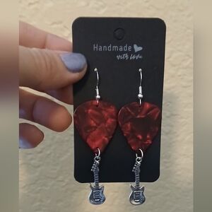 Red Guitar Pick Earrings with Silver Guitar Charms